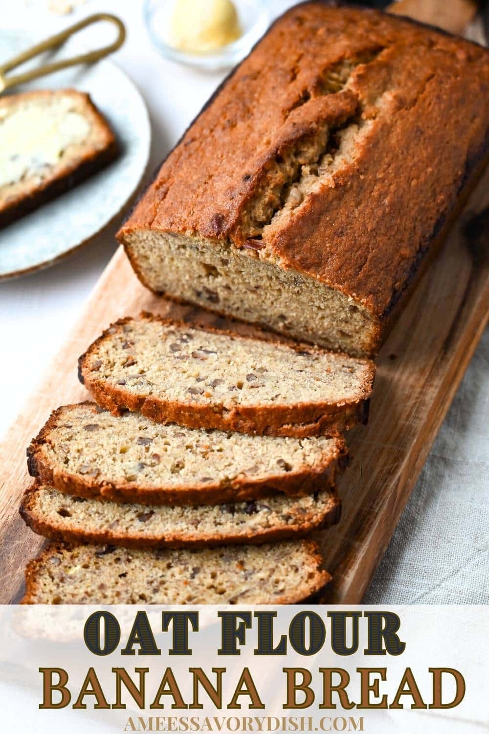 This moist and delicious Oat Flour Banana Bread is made with wholesome oats and oat bran for extra fiber. via @Ameessavorydish