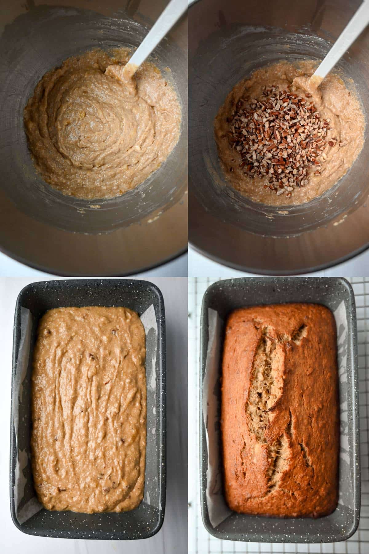 mixing banana bread batter and photos of it pre and post baked in the loaf pan