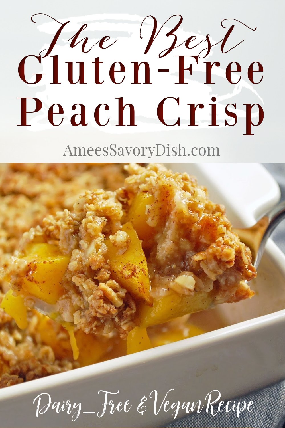 A delicious and simple recipe for gluten-free peach crisp with almonds made with whole grain oats, flax, peaches, almonds and organic coconut oil. This easy peach crisp recipe is also Vegan and dairy-free. #peachcrisp #veganfruitcrisp #dairyfreedessert #glutenfreecrisp #glutenfreedessert #peachdessert via @Ameessavorydish