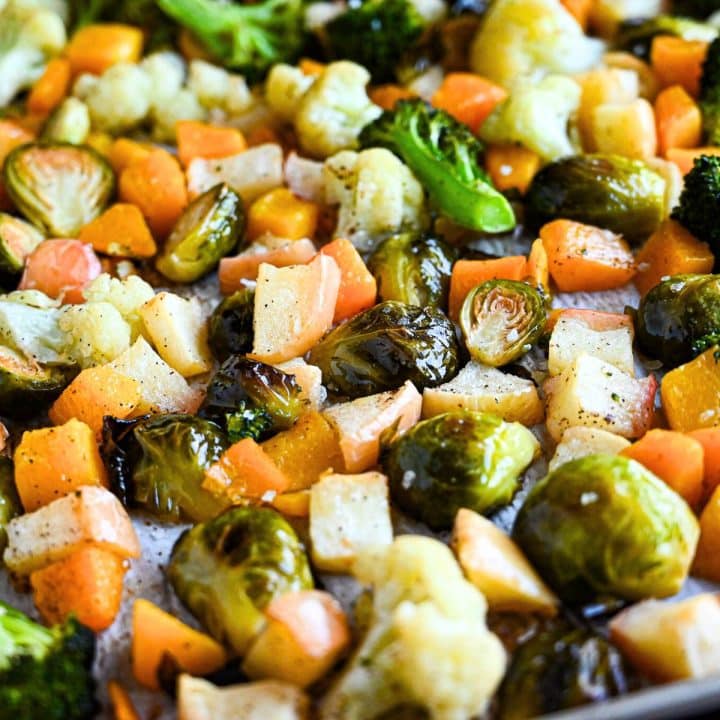 roasted vegetables on a sheet pan