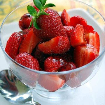 Balsamic glazed strawberries in a parfait glass