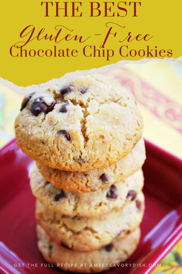 You'll never know that these cookies are gluten-free!  A delicious and easy recipe for gluten-free chocolate chip cookies made with a gluten-free baking mix, coconut oil, brown sugar, egg, vanilla, and chopped walnuts. via @Ameessavorydish