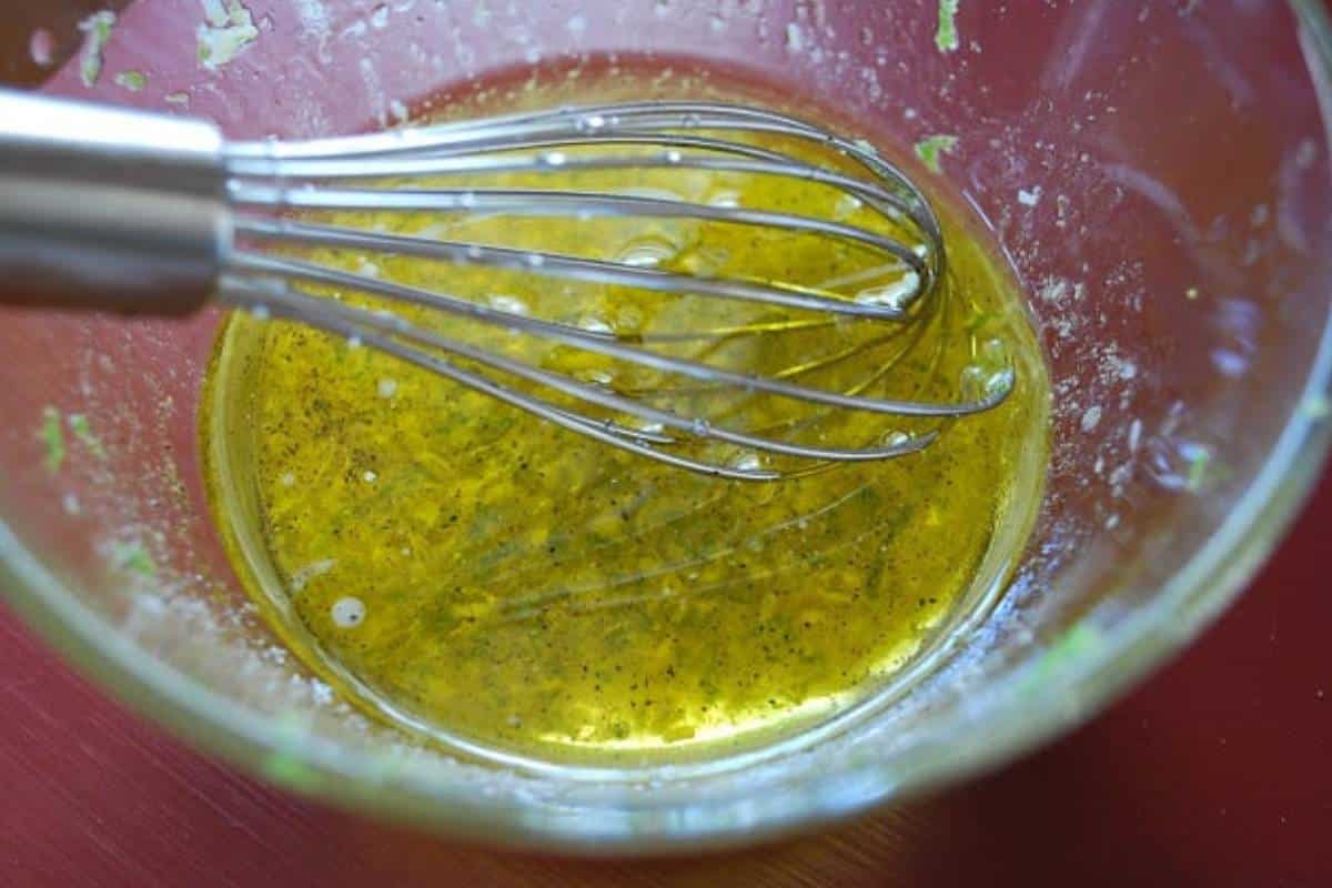 lemon balsamic marinade in a bowl for asparagus