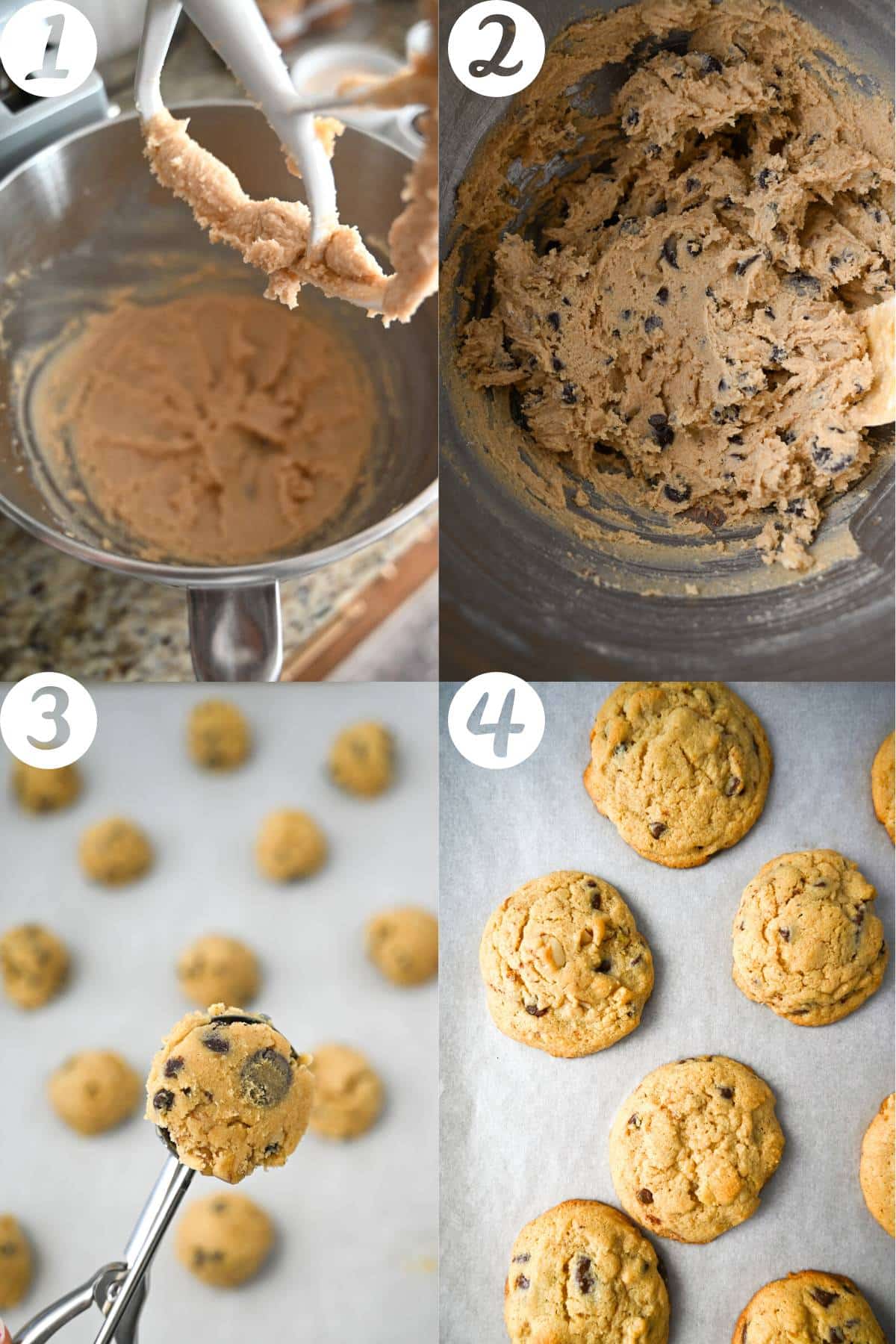 collage photo of steps for making pancake mix chocolate chip cookies: creamed butter in mixer, batter mixed in bowl, batter scooped on a cookie sheet and baked cookies