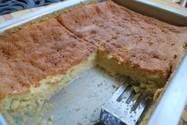 tres leches cake in a baking pan
