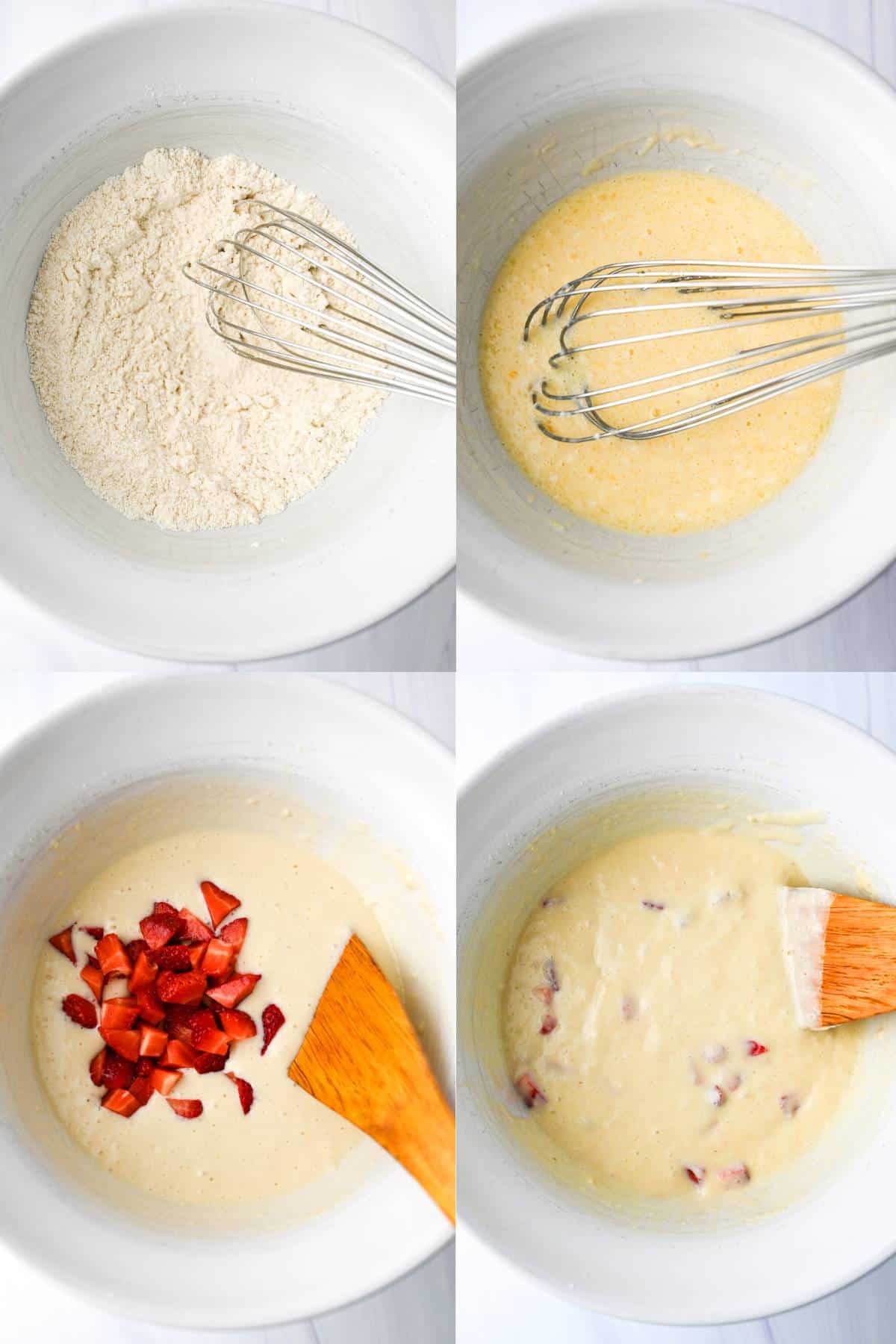 four steps of mixing strawberry pancake batter in a collage