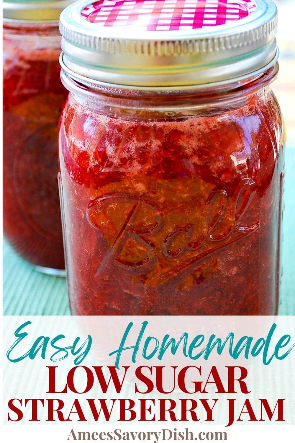 This delicious low sugar strawberry jam recipe is made with fruit juice and agave nectar instead of refined sugar.  No canning required with this easy jam recipe! via @Ameessavorydish
