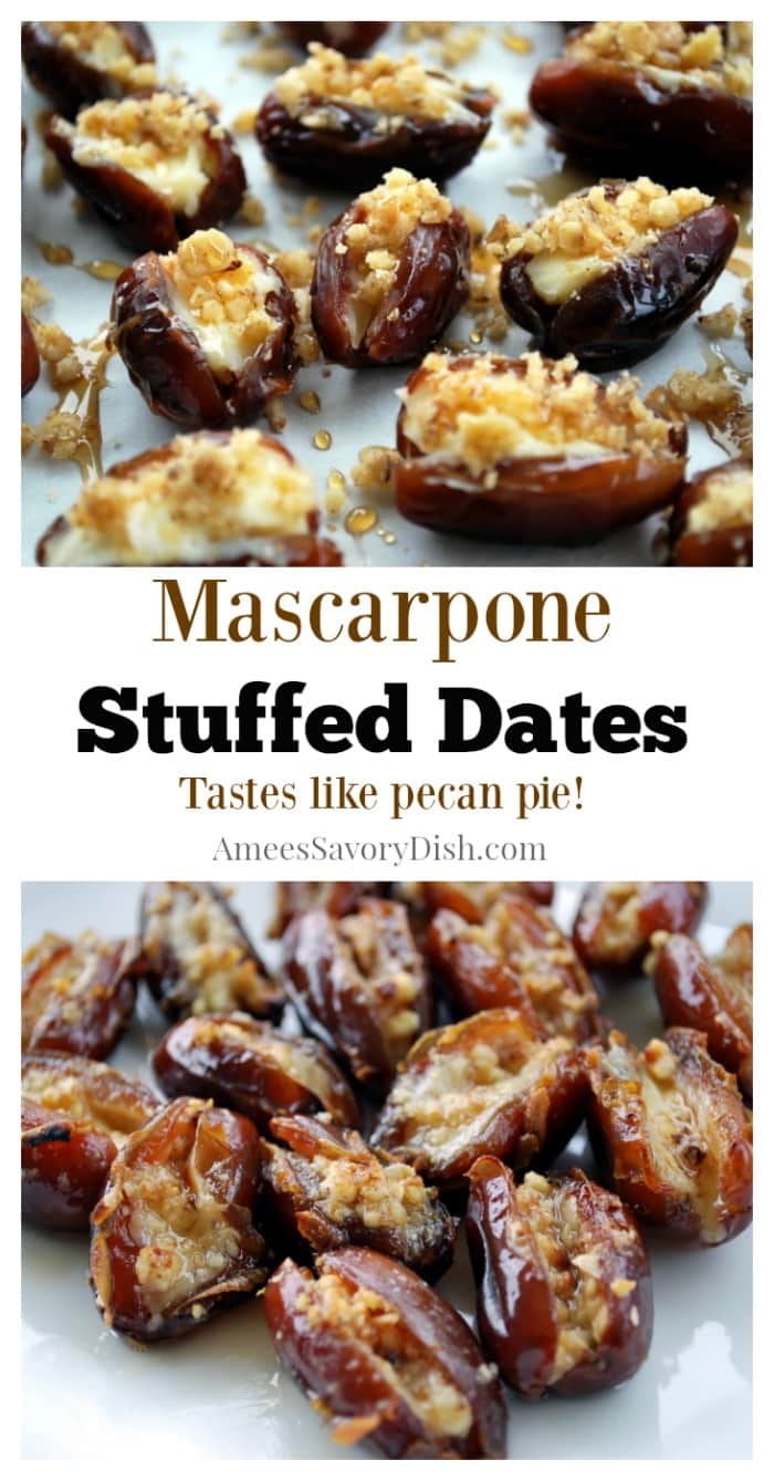 A scrumptious recipe for mascarpone stuffed dates that taste just like pecan pie but a much healthier dessert option. Not to mention, so easy! via @Ameessavorydish