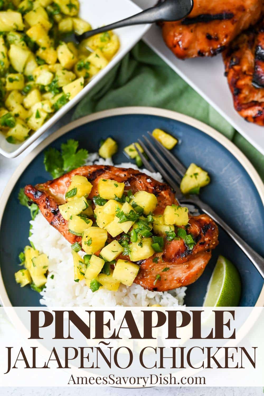 Chicken breasts marinated in teriyaki sauce, grilled and served with spicy-sweet pineapple salsa. A light protein-packed dinner that's easy and delicious! via @Ameessavorydish