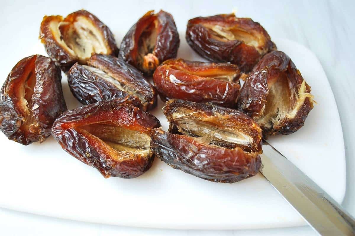 Medjool dates pitted and sliced in half lengthwise