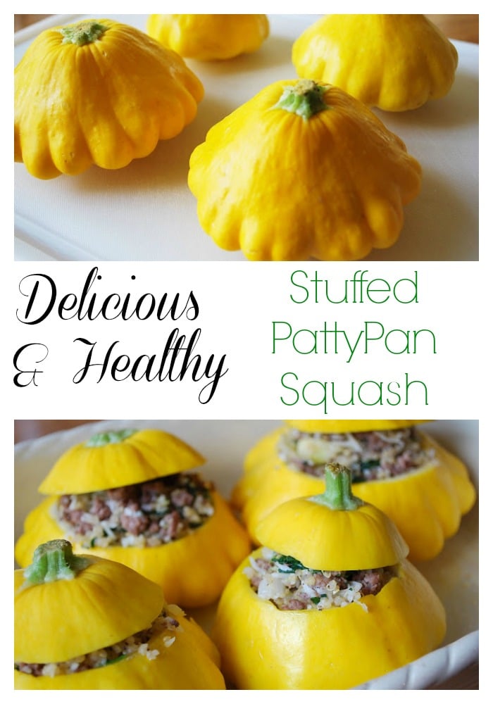 A recipe for stuffed pattypan squash stuffed with grass-fed ground beef, quinoa, spinach, and cheese.  This recipe is fun to serve and delicious to eat and makes a healthy summertime meal. via @Ameessavorydish