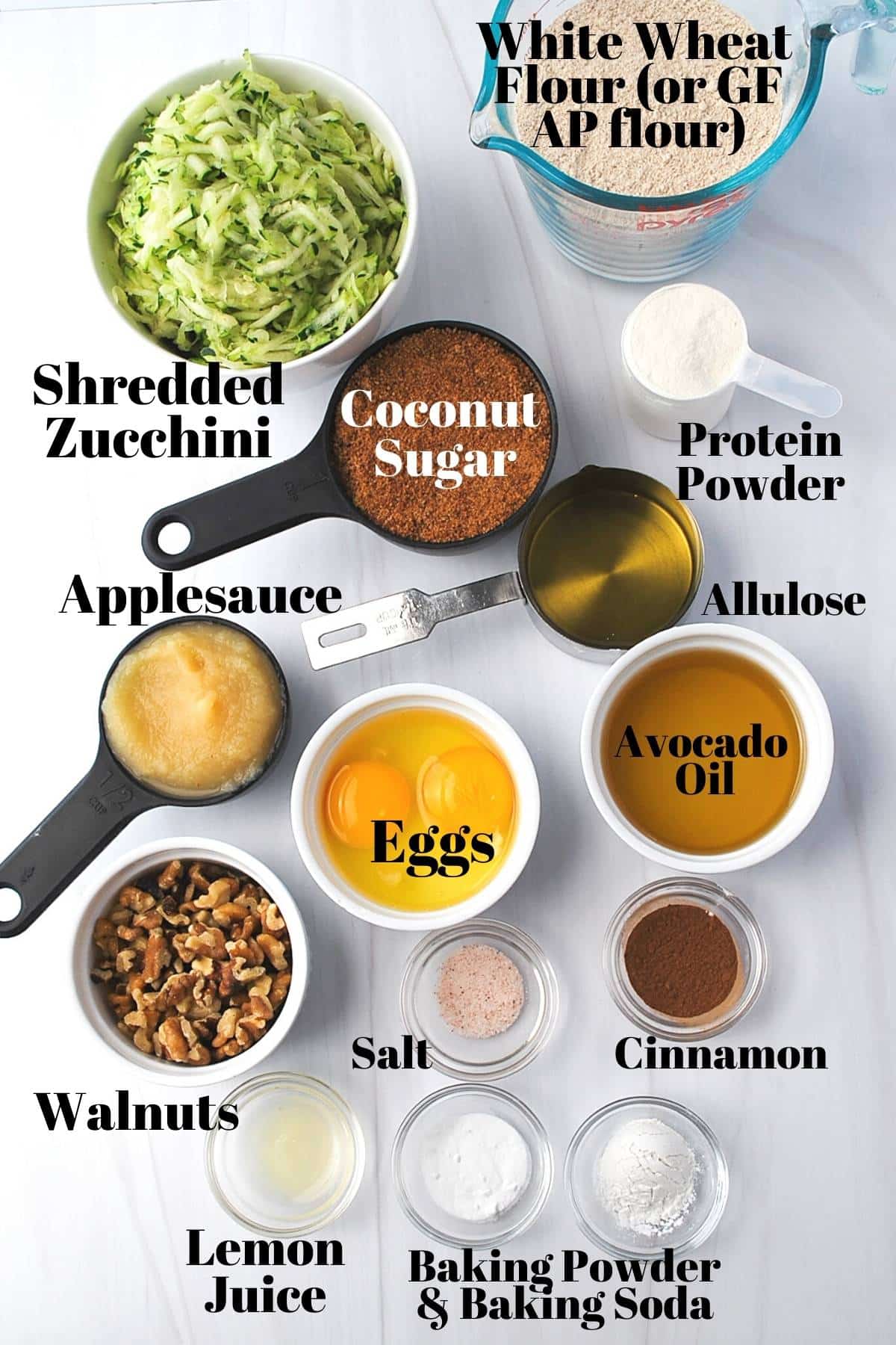 measured out ingredients for protein zucchini bread on a counter