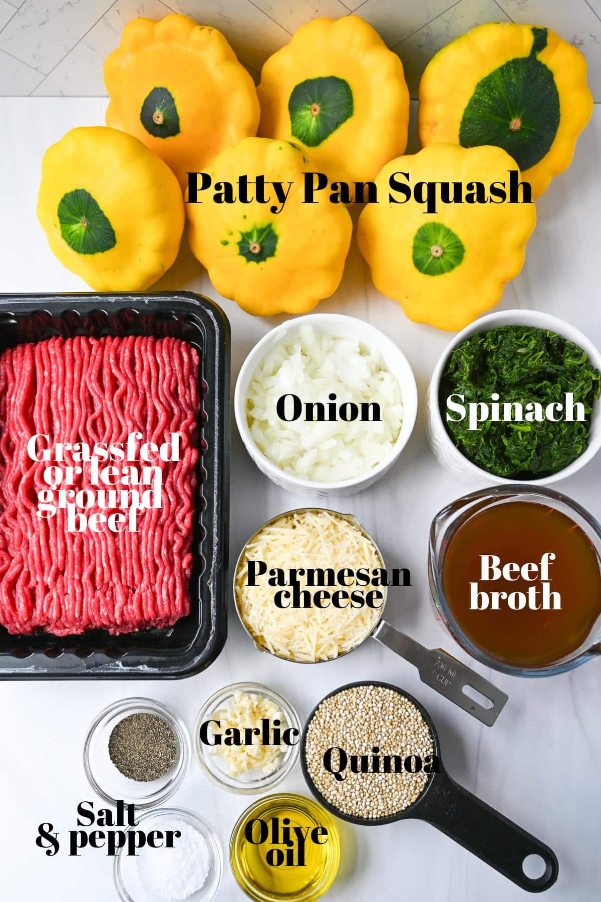 ingredients for stuffed patty pan squash with beef measured out on a counter