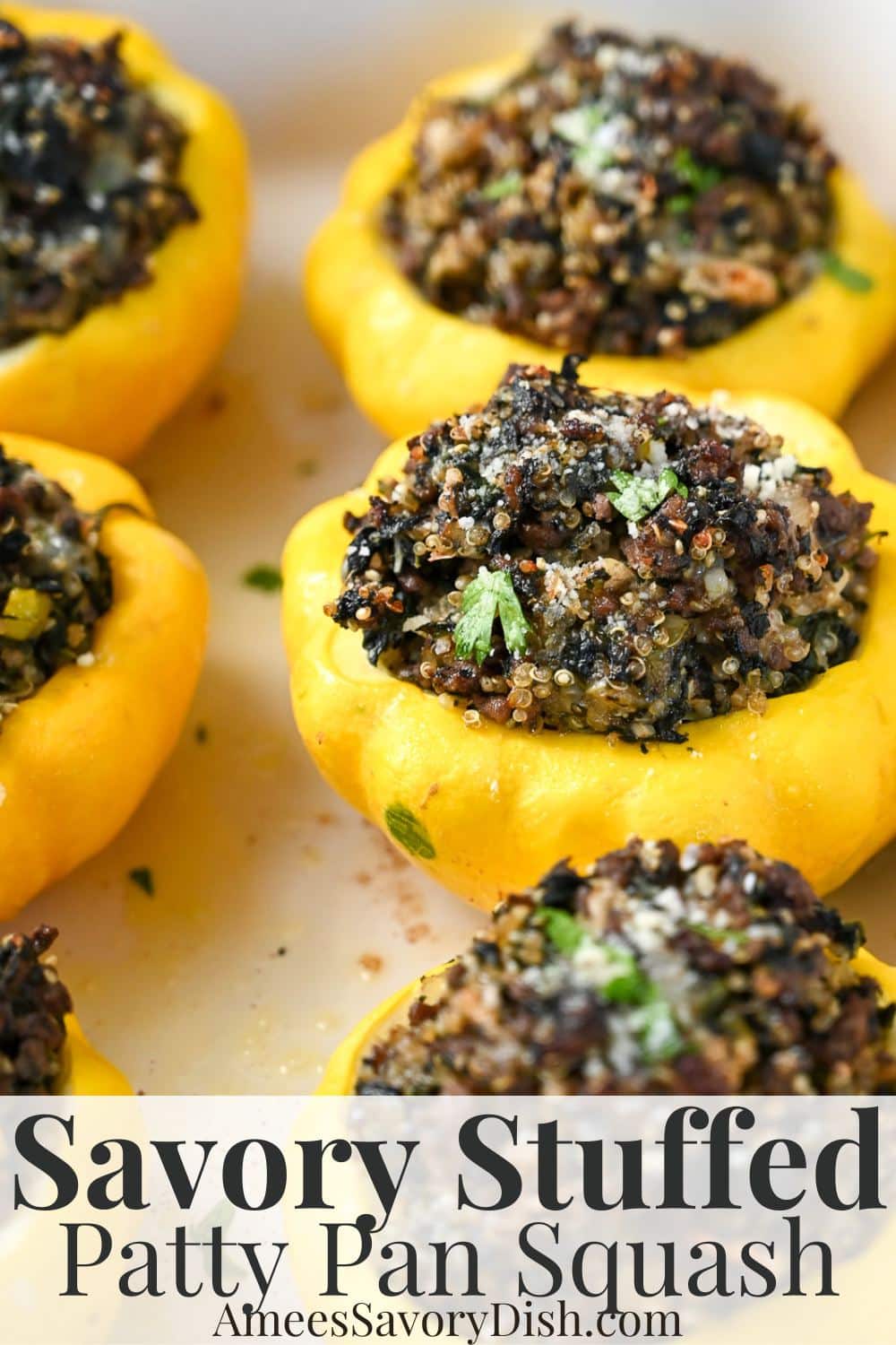 A recipe for stuffed pattypan squash stuffed with grass-fed ground beef, quinoa, spinach, and cheese.  A delicious protein-packed summertime meal. via @Ameessavorydish