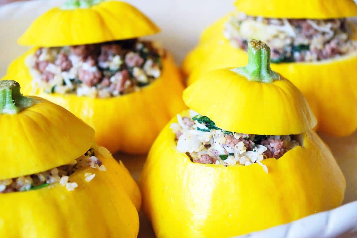 stuffed patty pan squash with top stem end cut off and place back on top before baking