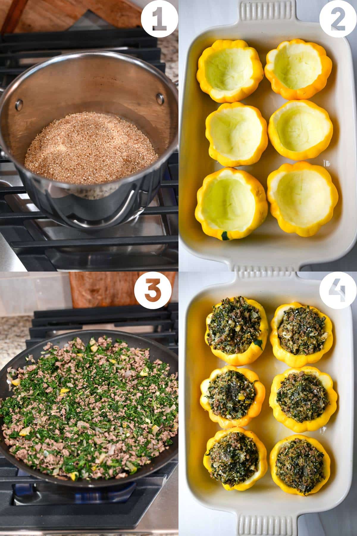 collage photo of steps to make stuffed patty pan squash with ground beef and quinoa cooked in beef broth