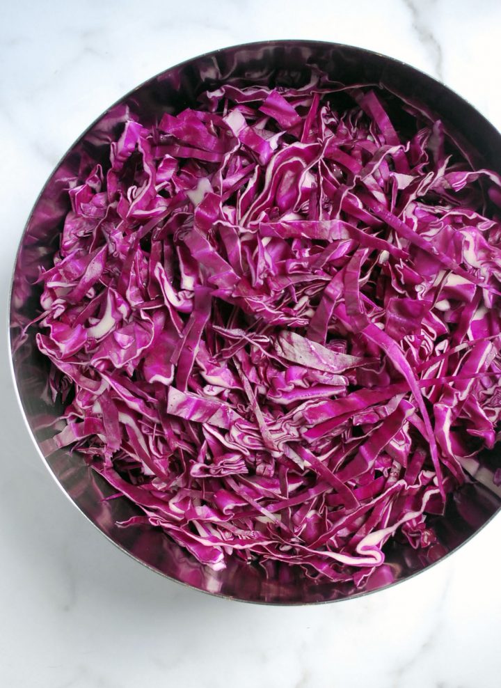 chopped red cabbage in a bowl