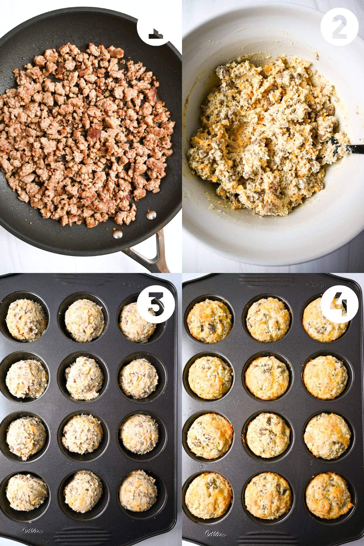 step photos for making gluten free sausage muffins: cooked sausage in skillet, mixed batter, scooped in pan and  baked in pan