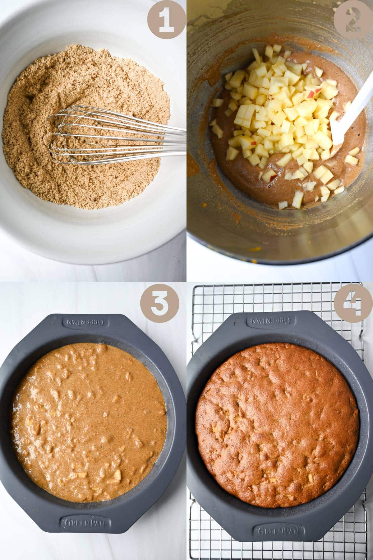 four steps mixing batter and baking a spice cake