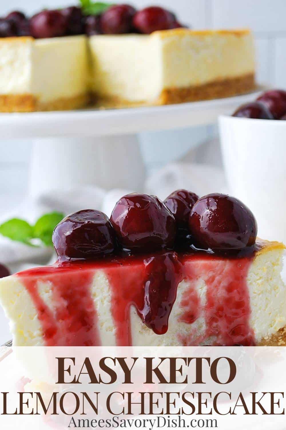 This Keto Lemon Cheesecake recipe cuts the carbs without sacrificing flavor or texture. A smooth, custardy lemon cheesecake filling is baked in a grain-free almond flour crust and adorned with a beautiful sugar-free cherry compote. via @Ameessavorydish