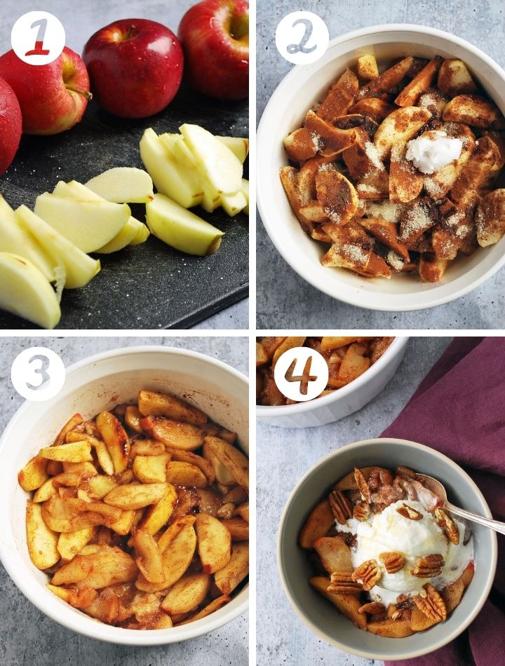 4 step by step photos to make baked apples: apples sliced, in a bowl with toppings, cooked, and served with ice cream