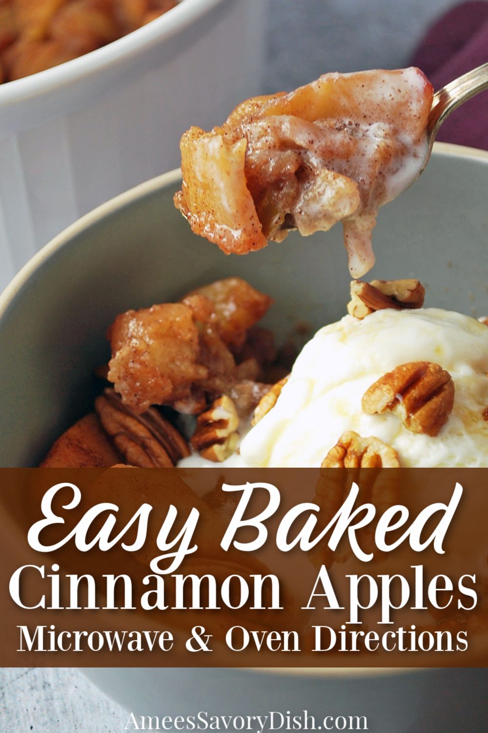 An easy recipe for cinnamon baked apples that can be made in the oven or the microwave. They are the perfect healthy fall dessert! via @Ameessavorydish