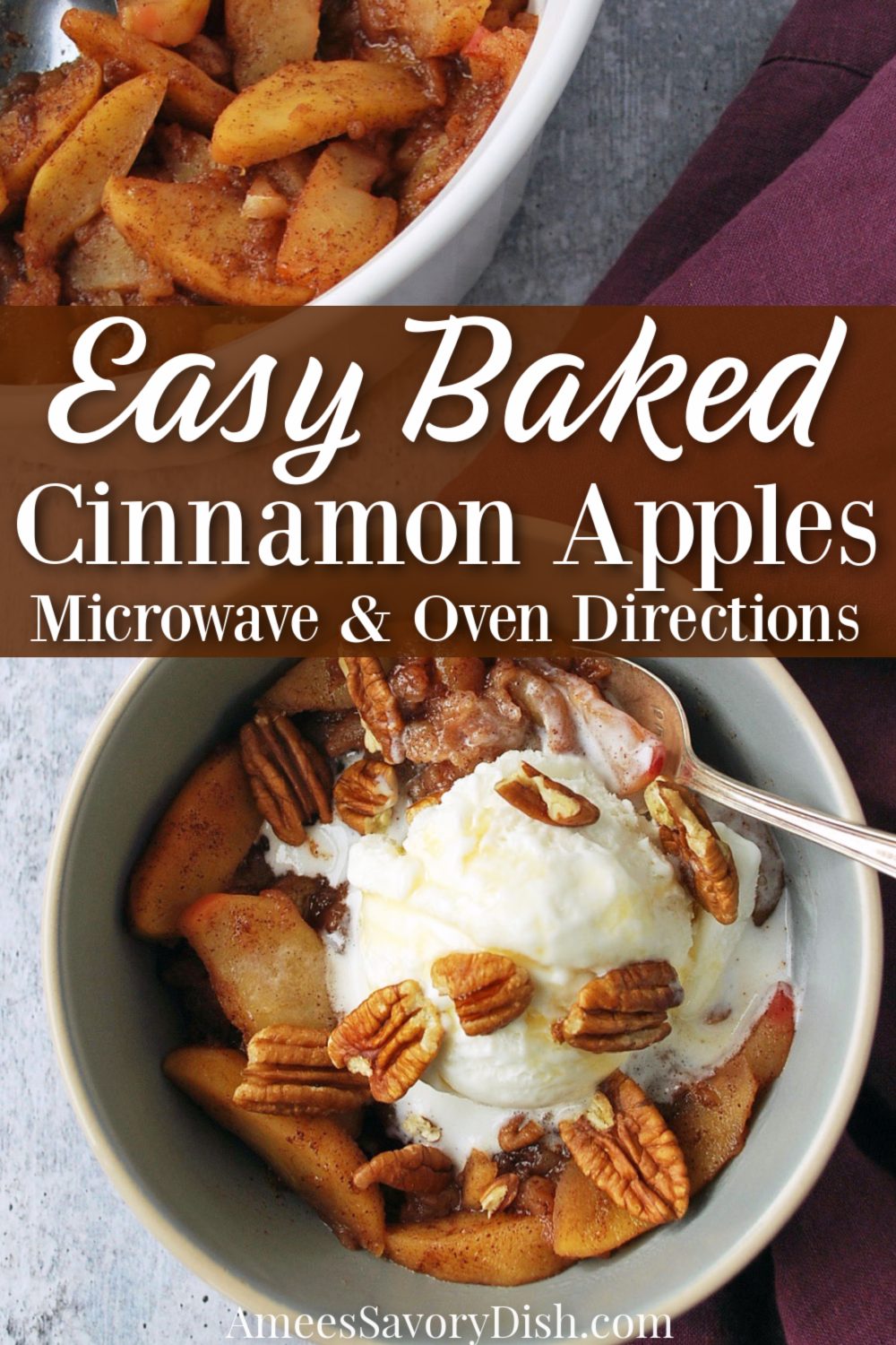 An easy recipe for cinnamon baked apples that can be made in the oven or the microwave. They are the perfect healthy fall dessert! via @Ameessavorydish