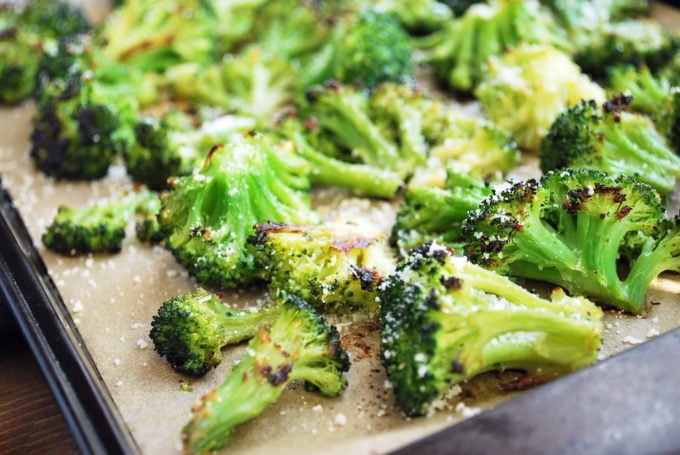 Roasted Frozen Broccoli topped with Pecorino Romano cheese