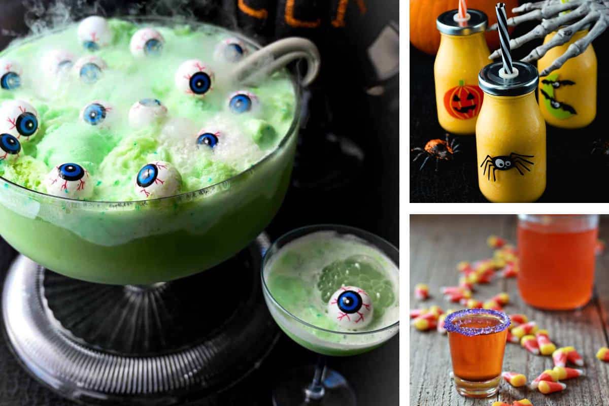 collage photo of halloween party drinks