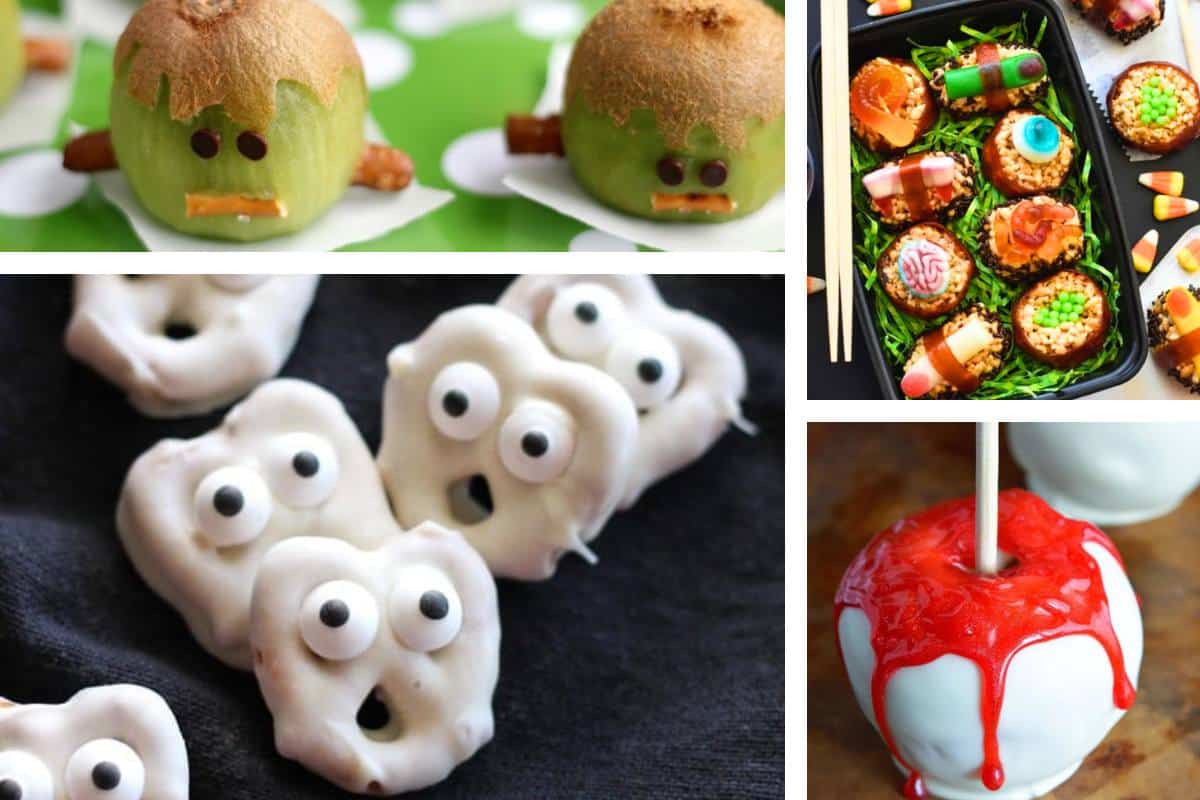 collage photo of sweet halloween snack recipes