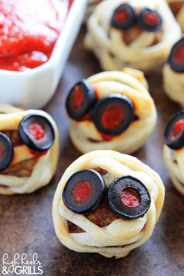 Meatball mummies on a tray