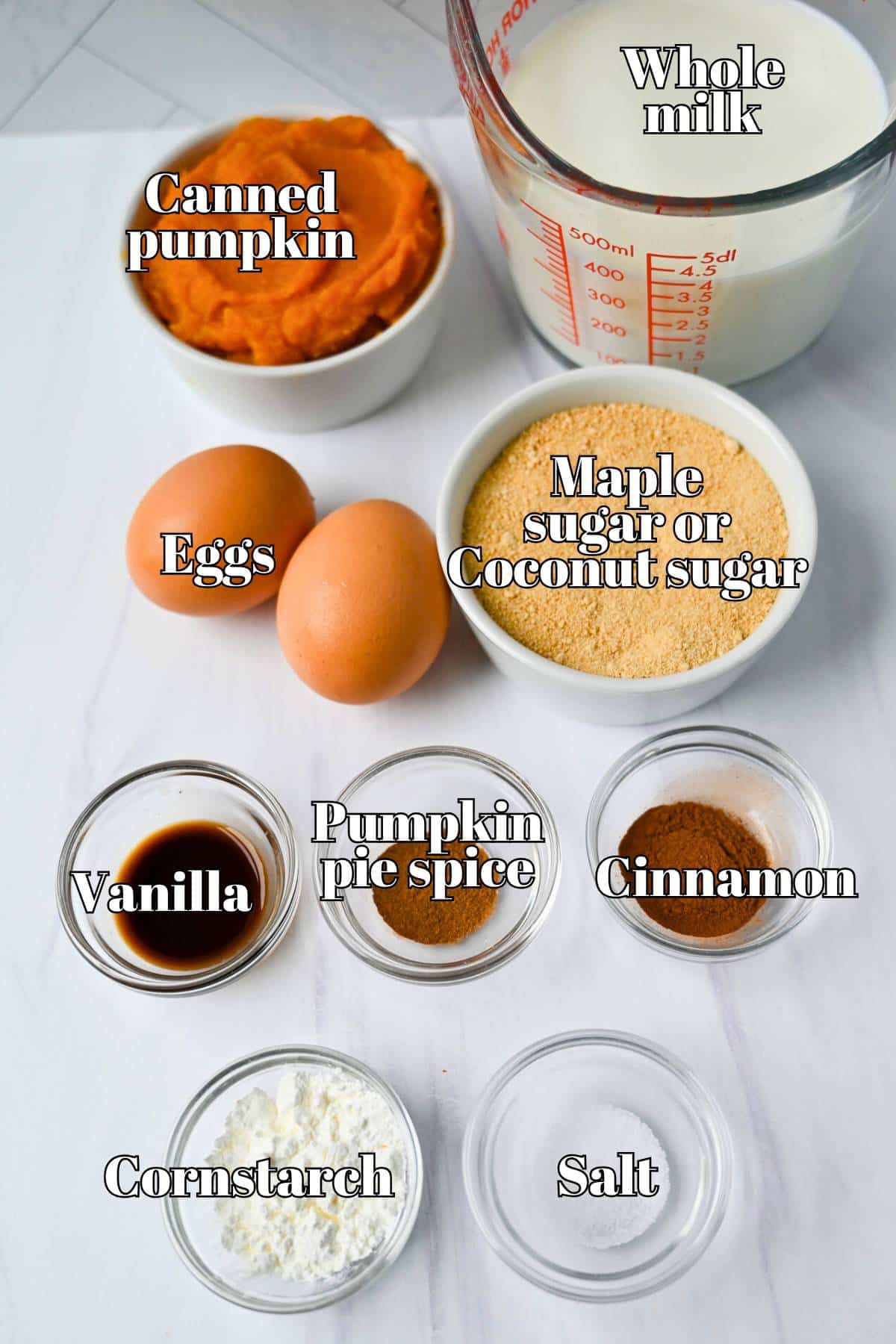 ingredients for pumpkin custard measured out on a counter