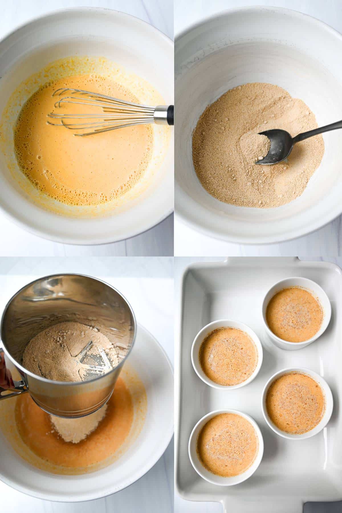 four steps to making pumpkin baked custard: mixing liquid and dry ingredients, sifting sugar, and in a water bath