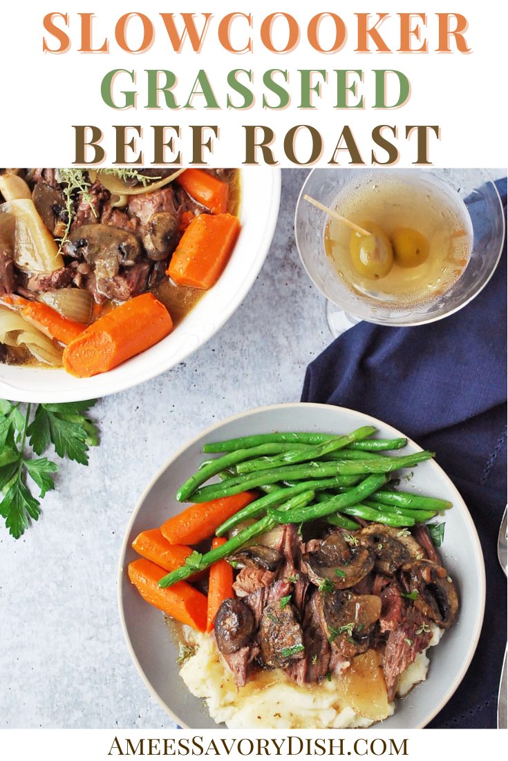 An easy and delicious recipe for Crockpot Grassfed Beef Roast that's tender, juicy, and full of amazing flavor. #slowcookerbeefroast #slowcookerbeef #beefrecipe #easyroastrecipe #roastrecipe #potroast via @Ameessavorydish