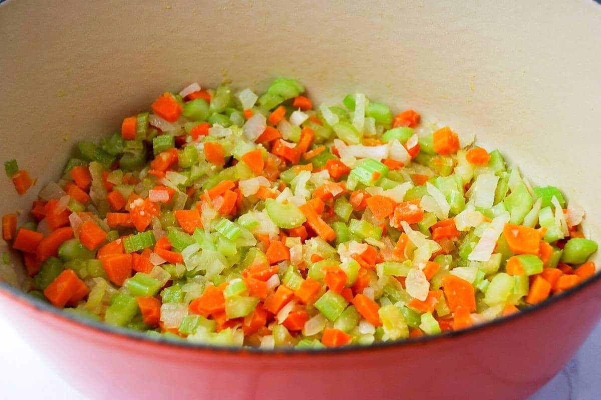 carrots, onions, celery, and garlic cooked in a dutch oven