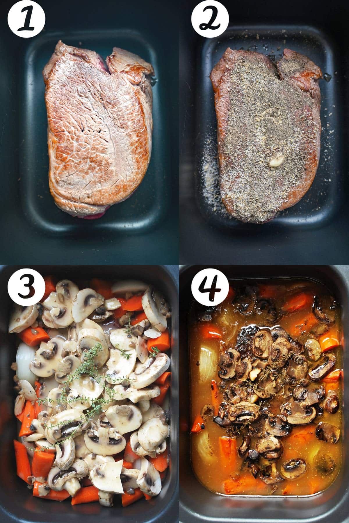 steps for making southern pot roast in a crockpot in four photos