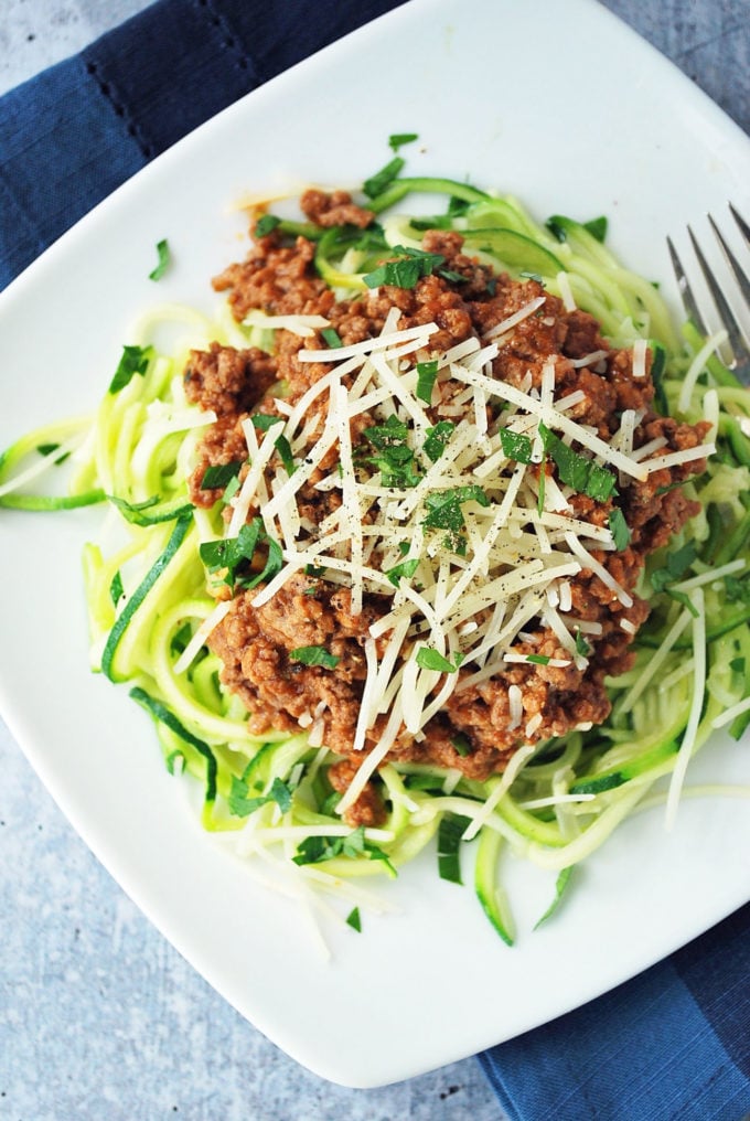 An easy and delicious recipe for zucchini spaghetti with a lean beef bolognese sauce