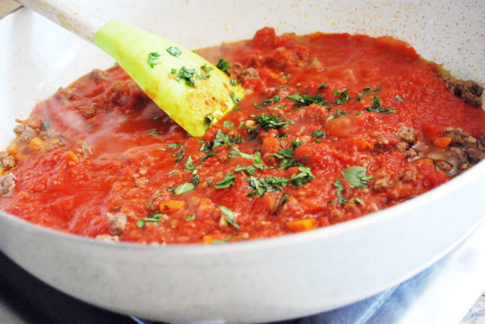 Easy Bolognese sauce for zucchini spaghetti made with fresh herbs
