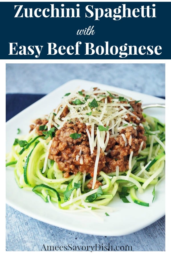 Zucchini Spaghetti with Easy Beef Bolognese Sauce is a simple and delicious recipe for sautéed zucchini noodles topped with a thick and hearty sauce made with lean beef.  This easy dinner recipe is a family favorite in our house!   via @Ameessavorydish