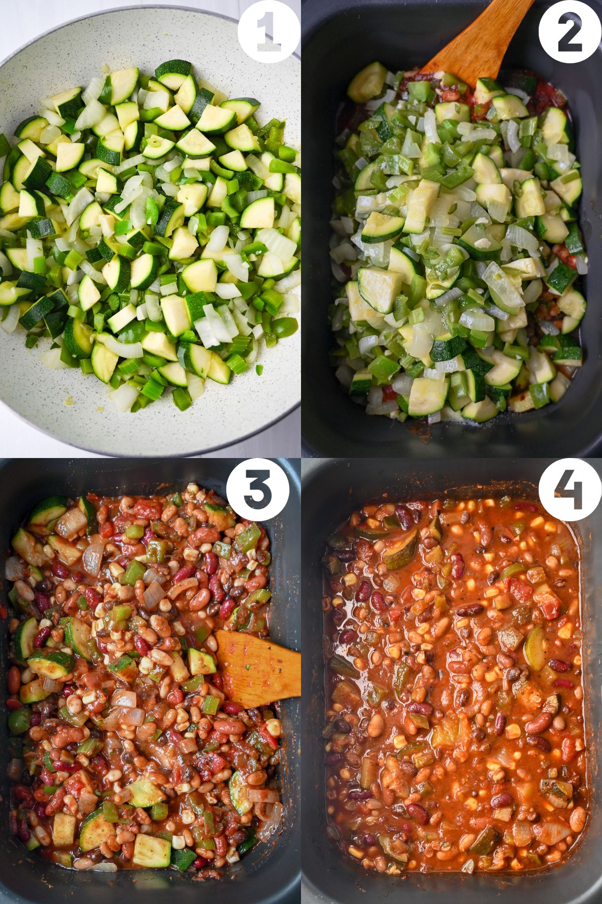 collage photo of four steps for making crockpot vegetarian chili: sauteed veggies, and in the crockpot