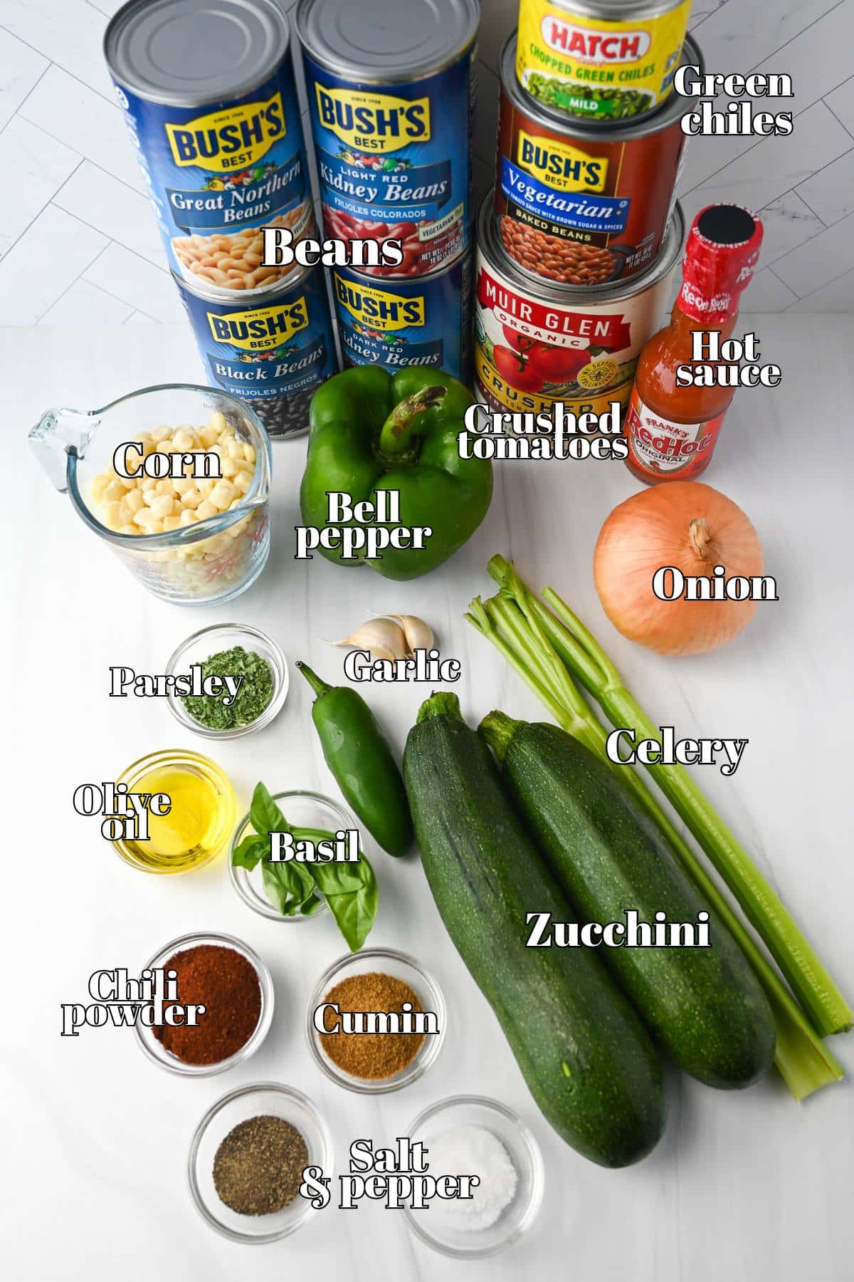 veggie chili ingredients measured out on a counter top