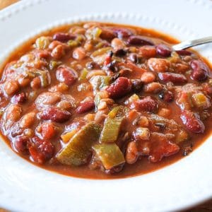 close up photo of vegetarian chili in a white bowl