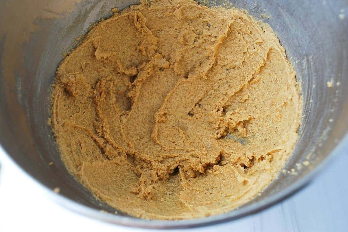 butter and brown sugar creamed in a mixing bowl