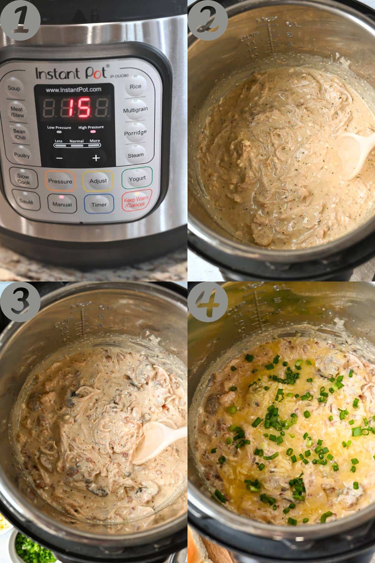 collage photo of an instant pot with timed manual setting and cooked creamy chicken in the pot with cheese and green onions added