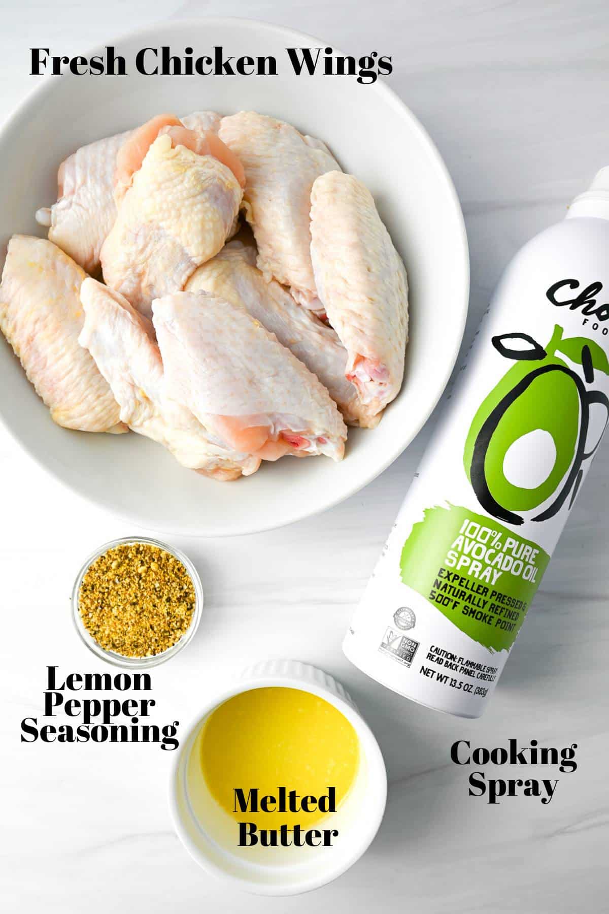 ingredients for air fryer lemon pepper wings on a counter