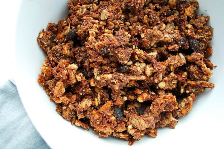 low carb granola mixed in a white bowl