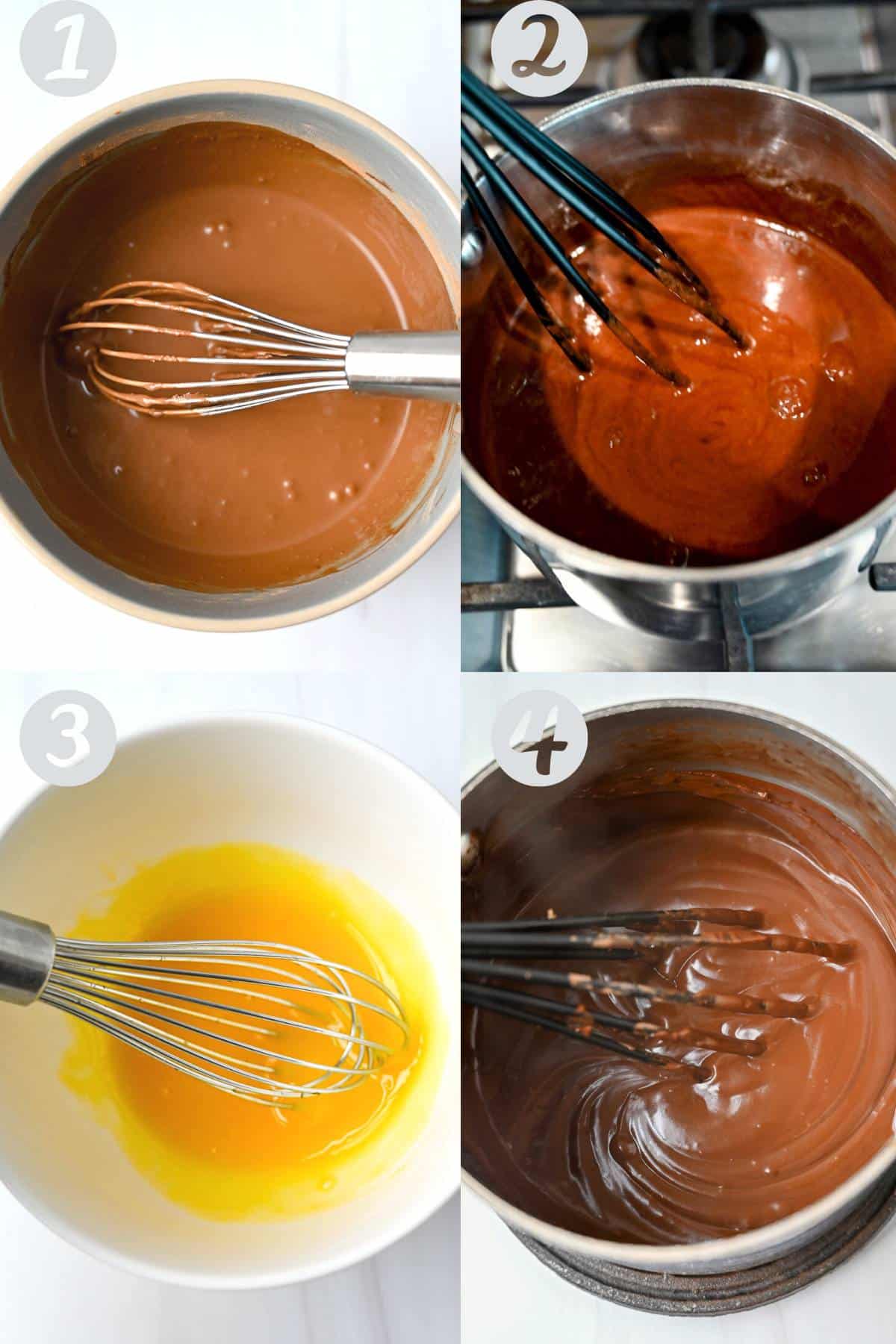 photos of the four main steps to making chocolate pudding: whisking cocoa with ingredients, cooking on the stove, whisking eggs, and adding tempered eggs to the pudding to finish