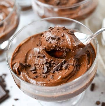a spoonful of chocolate pudding over a dessert dish