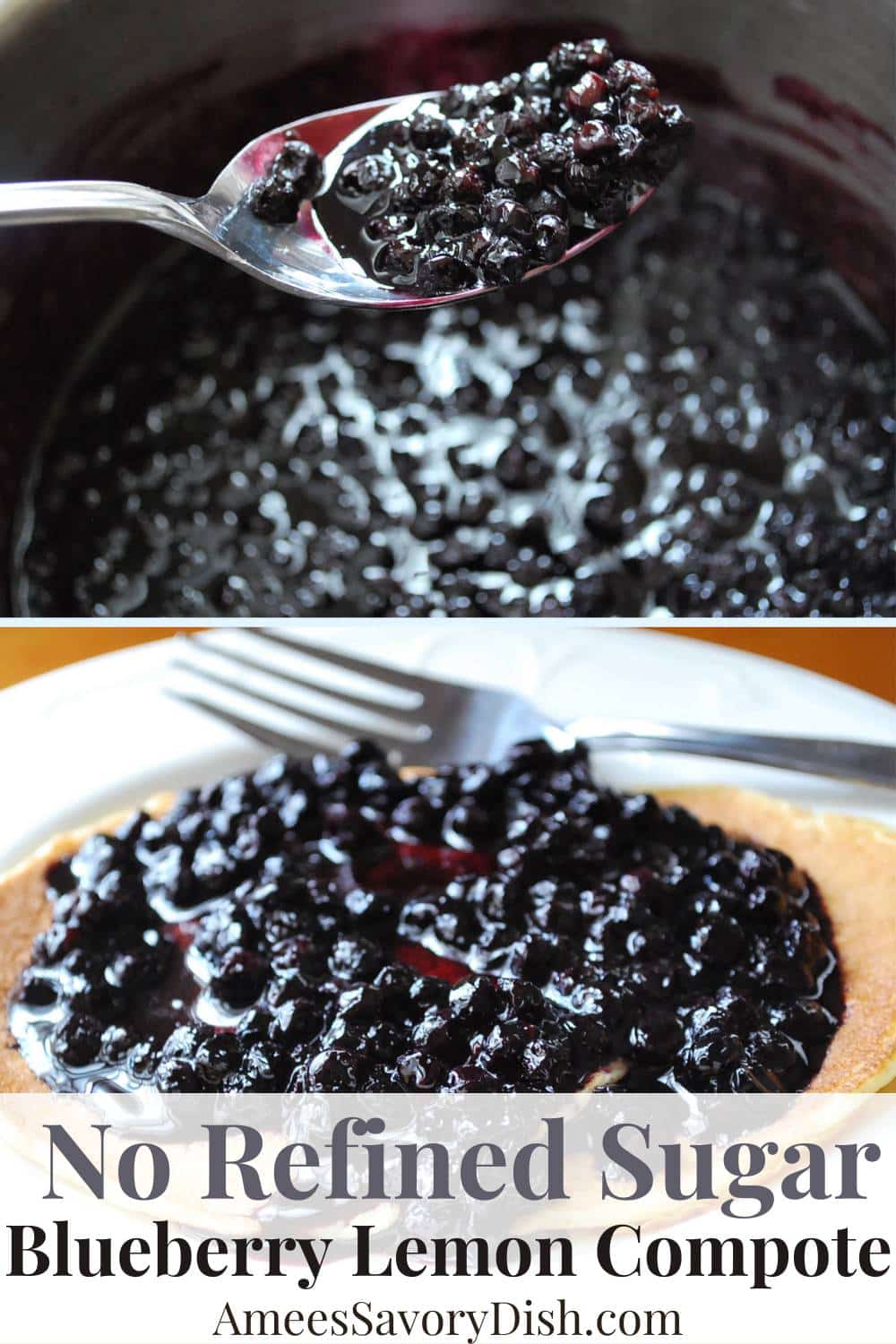 An easy homemade blueberry lemon compote recipe made with frozen wild blueberries, coconut sugar, maple syrup, vanilla extract, and fresh lemon juice.  via @Ameessavorydish