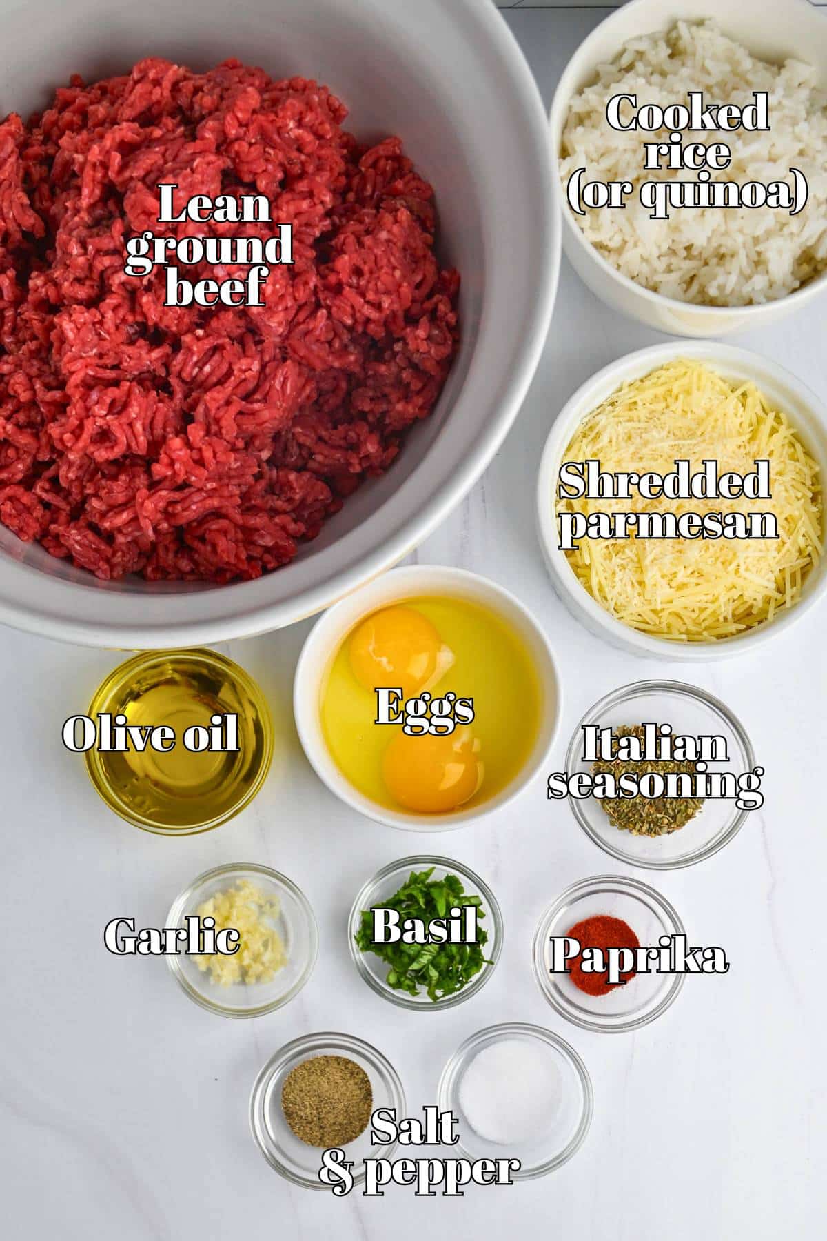 ingredients measured out for mini meatloaves on a counter